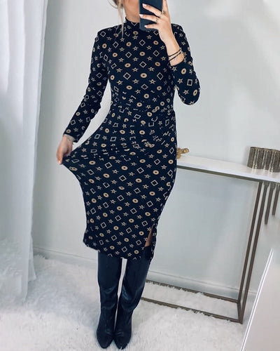Drune | Elegantes Hochgeschlossenes Kleid mit Geometrischem Print