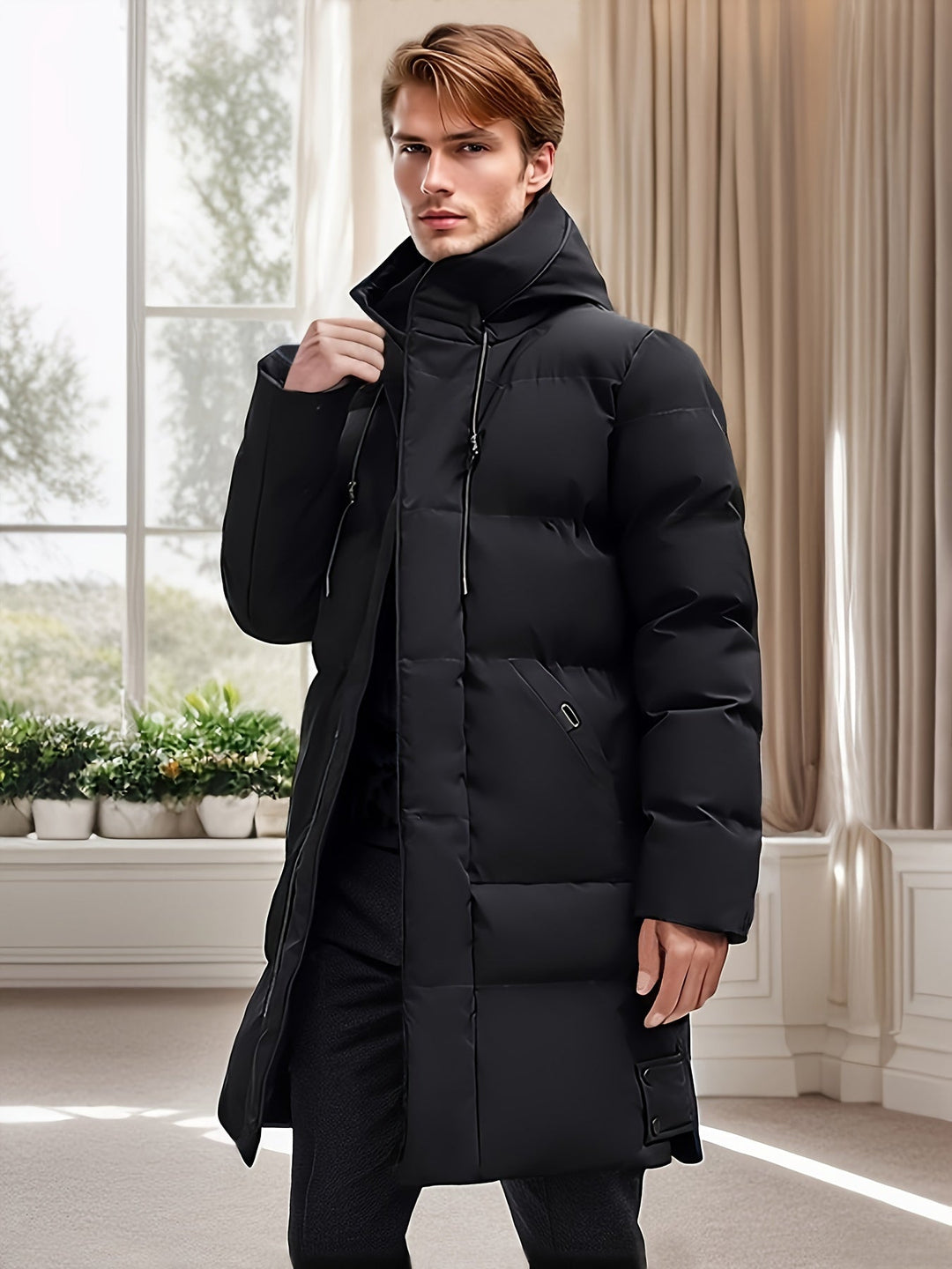 Drune | Mittellange Kapuzen Puffer Nicht-Dehnbar Reißverschlussleiste Winterjacke Für Herren - Perfekt für Outdoor-Aktivitäten