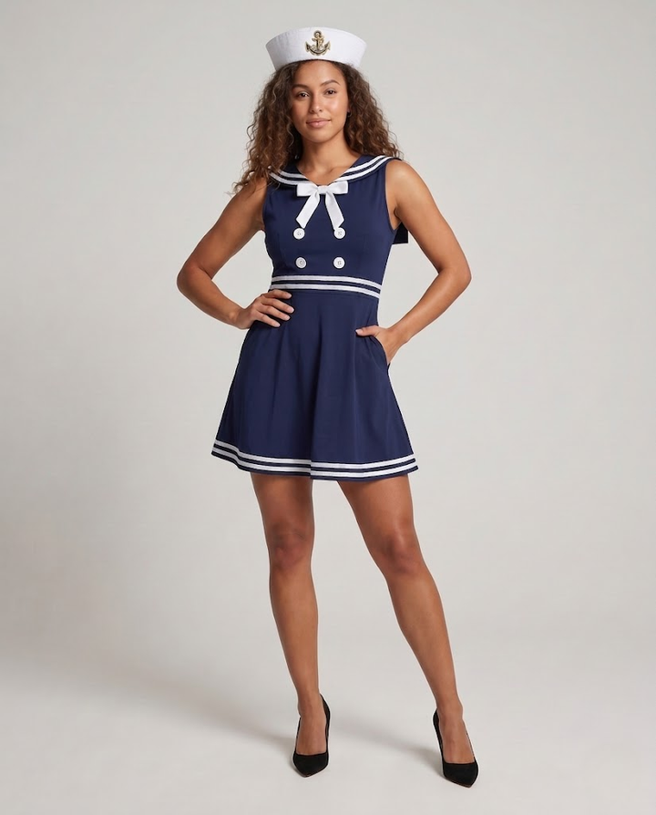Damen Matrosenkleid mit Schulterkragen und maritimen Akzenten Drune