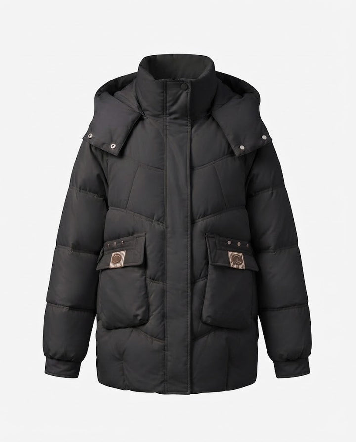 Damen mid-long gepolsterte Parka mit hohem Stehkragenklappe, verstaubarem Kapuze und großen Cargo-Taschen