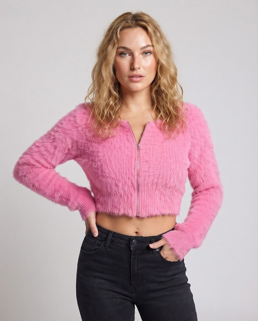 Damen Kurz geschnittener Flauschcardigan mit durchgehendem Reißverschluss und weichem Faux‑Fur Drune