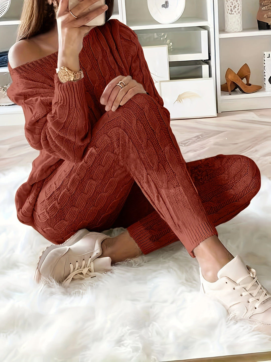 Drune Gestricktes Passendes Sweatshirt & Hosen Outfits Zweiteiliges Set