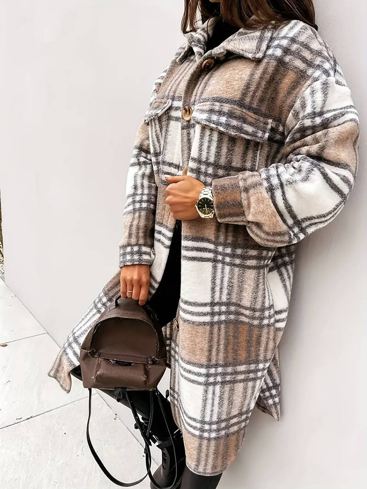 Drune | Warme Damen Karomuster Wolljacke mit Knöpfen