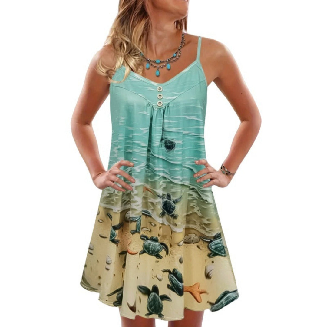 Drune | Bedrucktes lockeres Strandkleid mit ärmellosen Trägern
