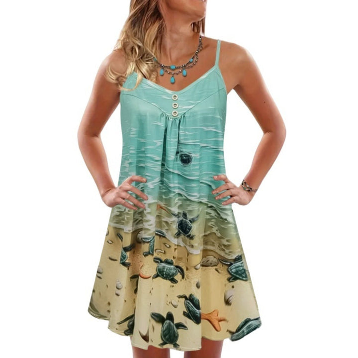 Drune | Bedrucktes lockeres Strandkleid mit ärmellosen Trägern
