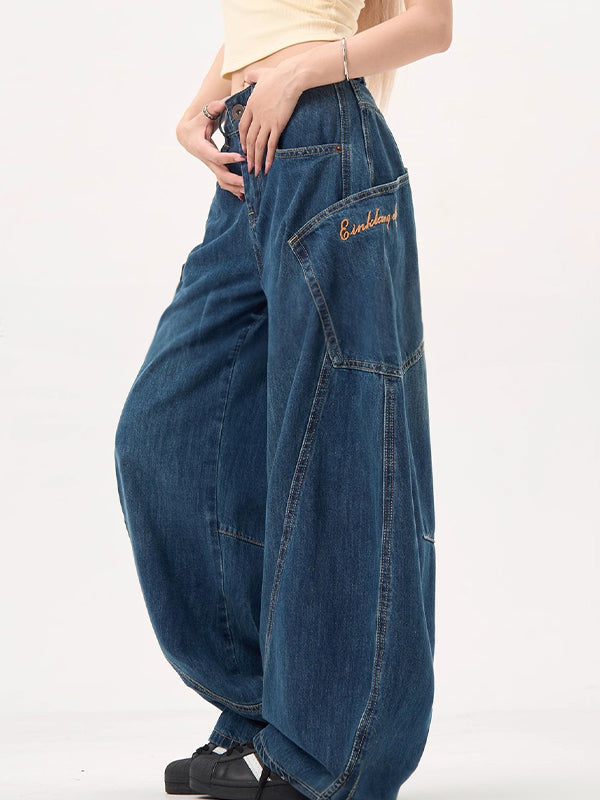 Drune | Blaue Boyfriend Jeans mit Großen Taschen und Weitem Krummschnitt