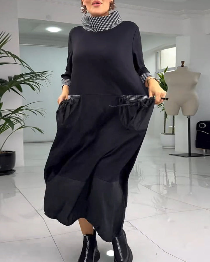 Drune | Kariertes Patchworkkleid mit Hohem Kragen und Tasche