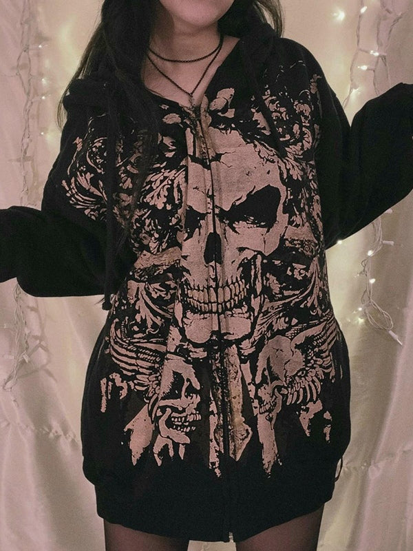 Drune | vintage Schädelprint oversized Hoodie mit Reißverschluss