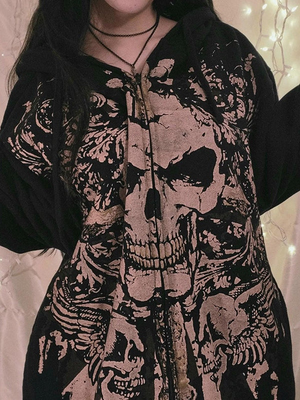 Drune | vintage Schädelprint oversized Hoodie mit Reißverschluss