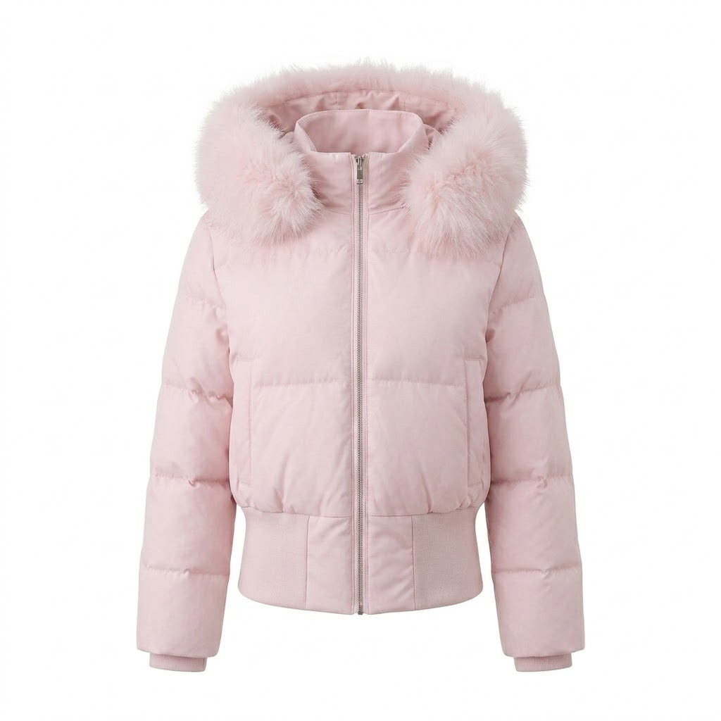 Damen Nano Short gepolsterte Kapuzen-Pufferjacke mit voluminösem Kunstfellbesatz, gerippten Bündchen und wärmender Thermofüllung