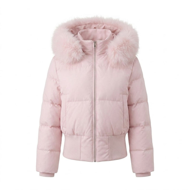 Damen Nano Short gepolsterte Kapuzen-Pufferjacke mit voluminösem Kunstfellbesatz, gerippten Bündchen und wärmender Thermofüllung