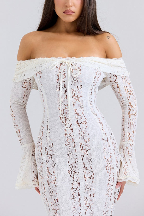 Drune | Blumen Spitze Off Shoulder Flare Ärmel Fishtail Maxi Kleider - Weiß