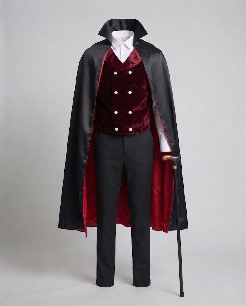 Herren Vampir Kostüm mit elegantem Umhang und bestickter Weste Drune