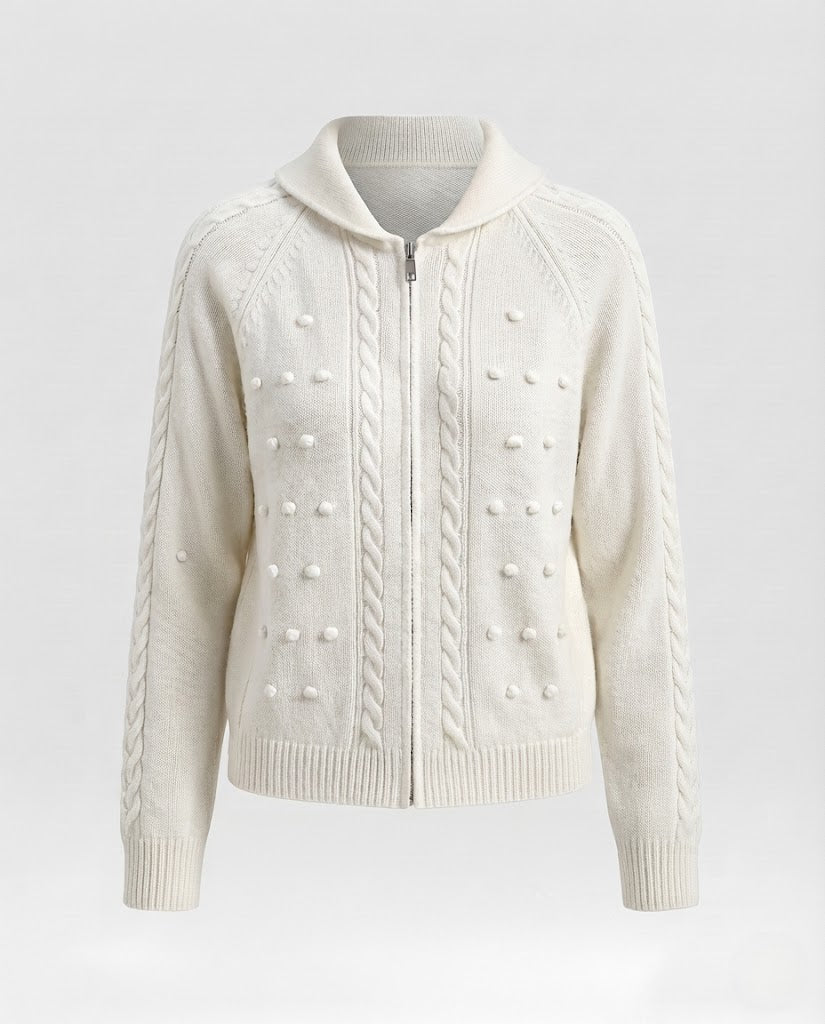 Damen Kapuzen-Strickjacke mit Zopfmuster, Bobble-Struktur und Metallreißverschluss Drune