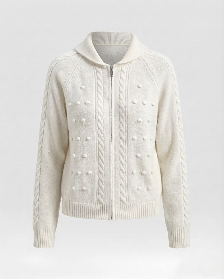 Damen Kapuzen-Strickjacke mit Zopfmuster, Bobble-Struktur und Metallreißverschluss Drune