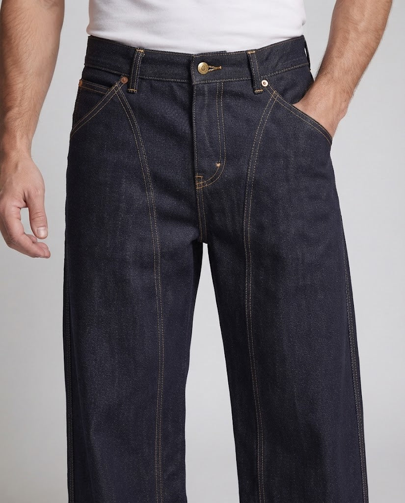 Herren Baggy-Jeans aus Rigid-Denim mit architektonischen Nahtpaneelen Drune
