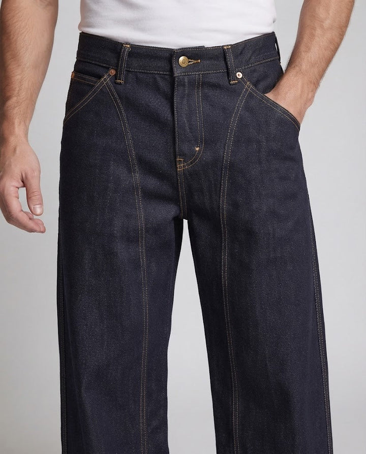 Herren Baggy-Jeans aus Rigid-Denim mit architektonischen Nahtpaneelen Drune