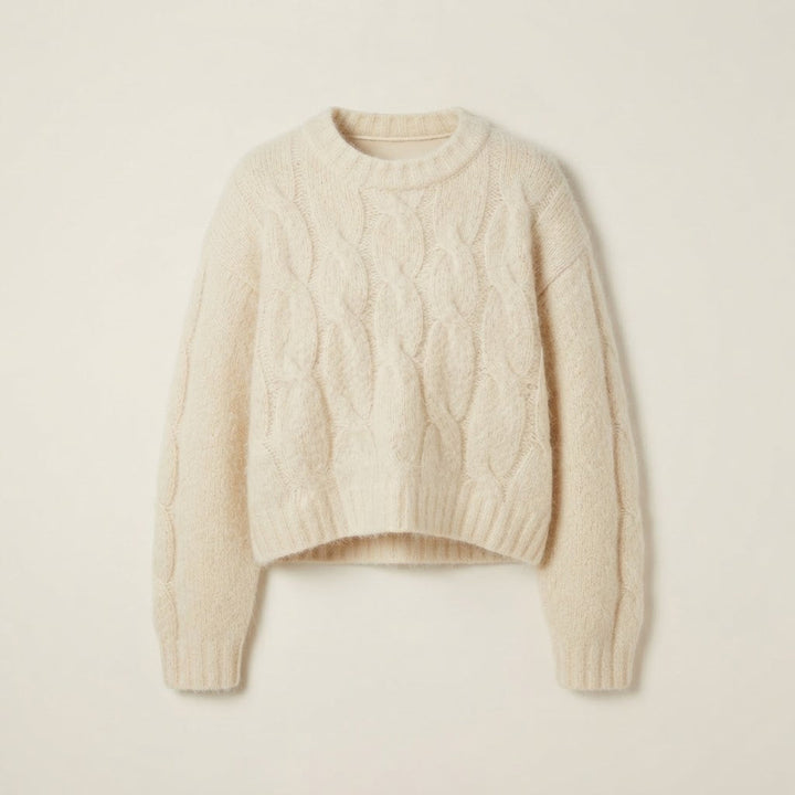 Damen Kurzgeschnittener flauschiger Mohair‑Optik Pullover mit Ballonärmeln und Zopfmuster Drune