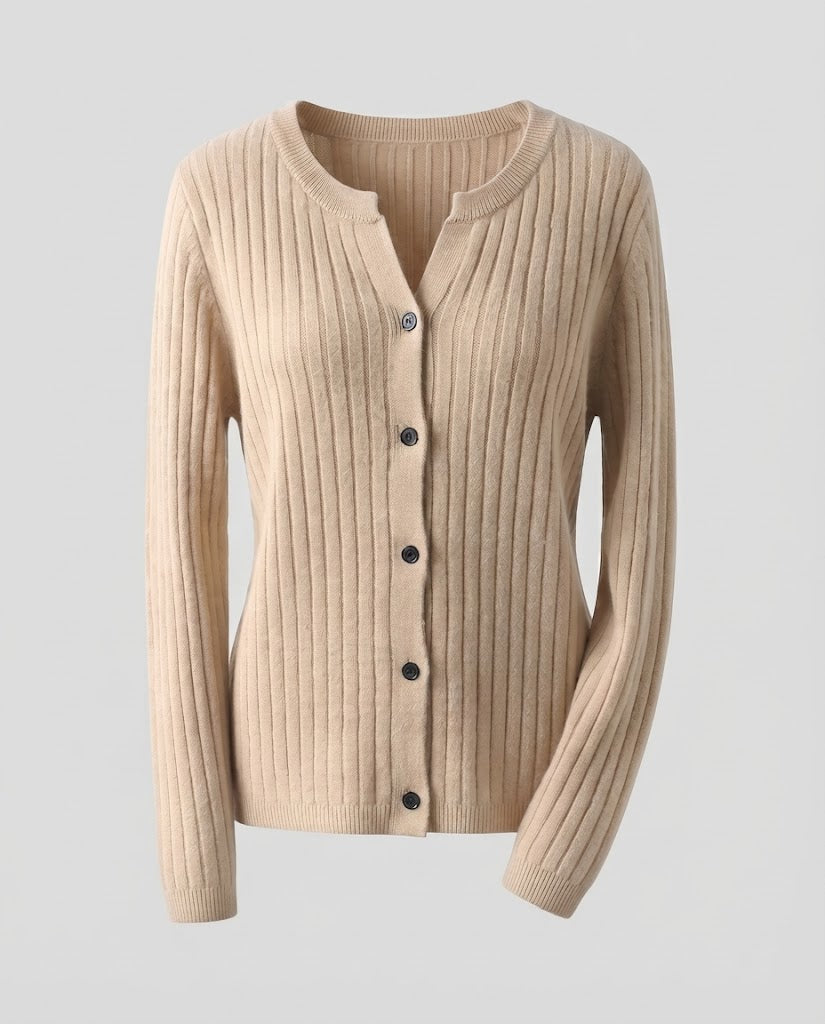 Damen Gestrickter Rippen-Cardigan mit dezentem V-Ausschnitt und Knopfleiste Drune