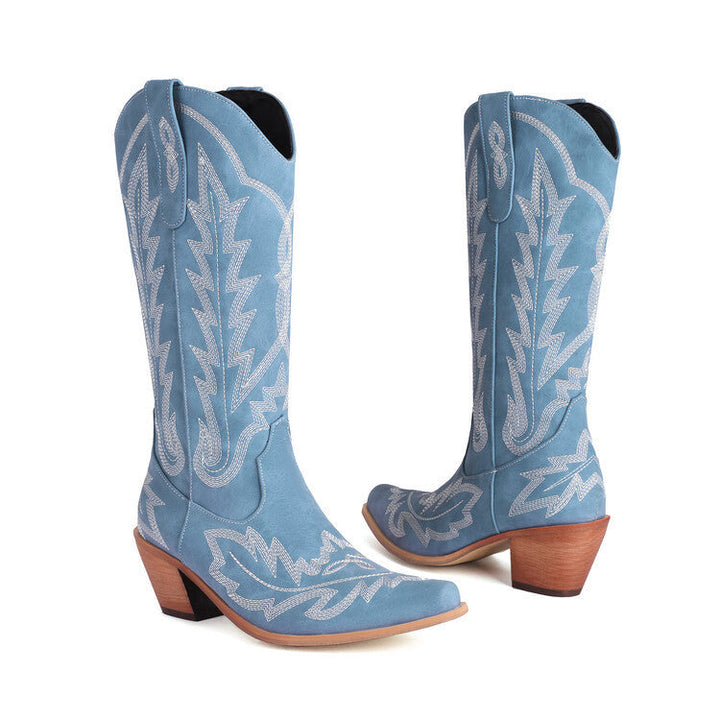 Drune | Bestickte Lange Kniehohe Stiefel Spitz Zehe Chunky Absatz Hoher Absatz