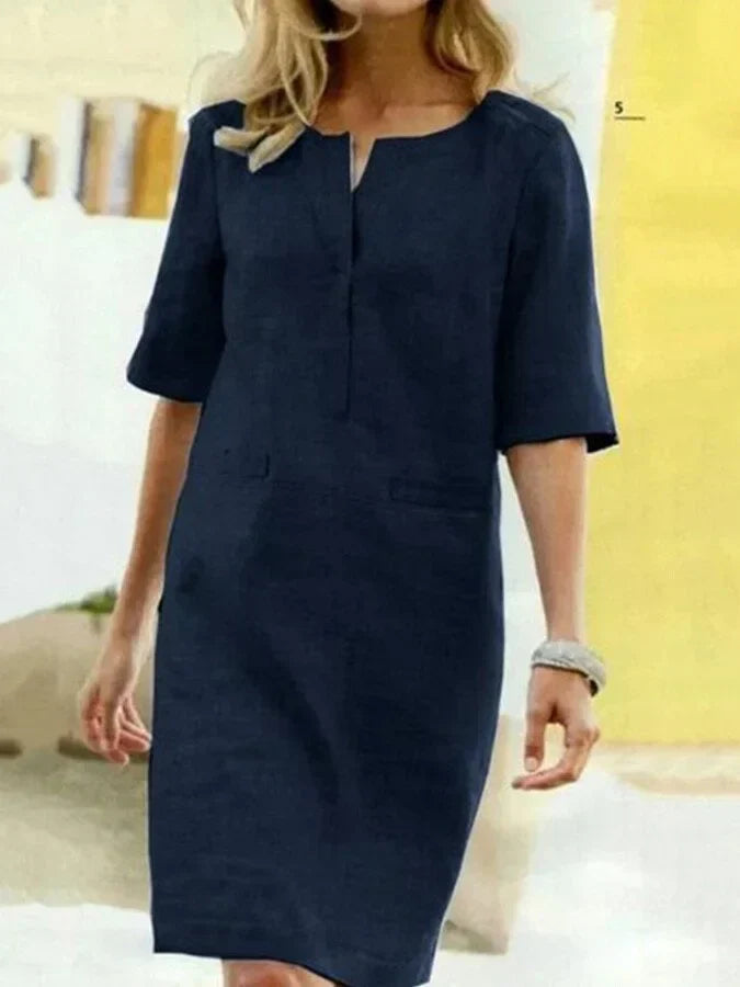 Drune | Damen Kurzarm Baumwolle und Leinen Kleid