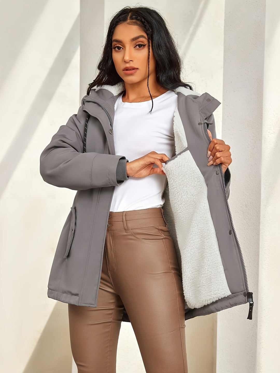 Drune | Grau Casualen Winter mit Kapuze Aus Kunstpelz für Frauen Ideal für Herbst Winter