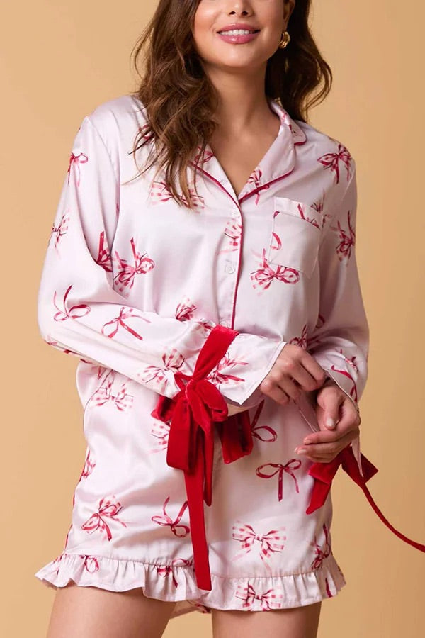 Drune | Weihnachten Mode Gedruckte Fliege Oberteil und Elastischer Taillen Rüschenshorts Set