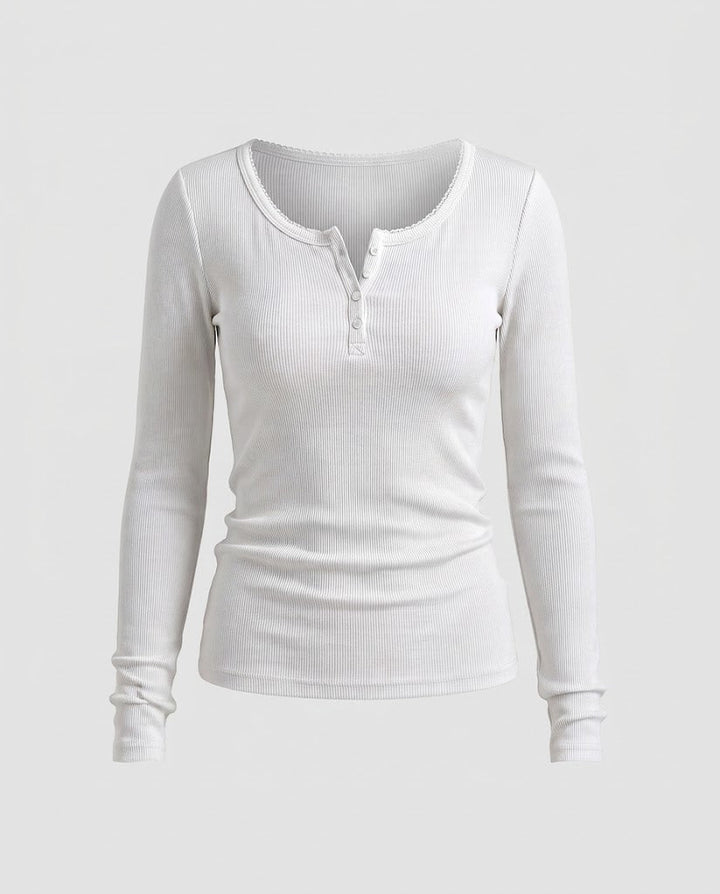 Damen Figurnahes Geripptes Langarm-Henleyshirt mit Zierknopfleiste und Zackenrand Drune