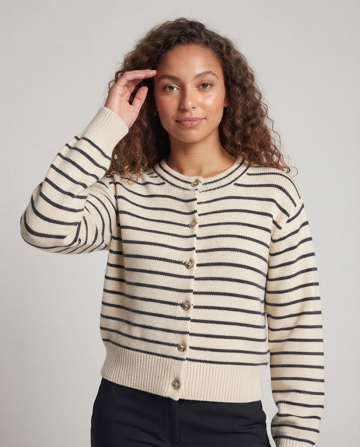 Damen Gestreifte Knopfcardigan mit Rundhalsausschnitt, goldenen Zierknöpfen und Rippbündchen Drune