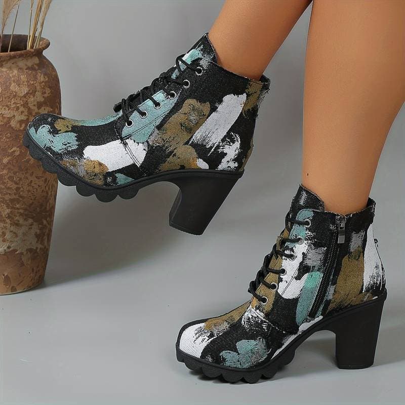 Drune | Stiefeletten Gemustertes Textil Schnürung Blockabsatz Chunky Sohle