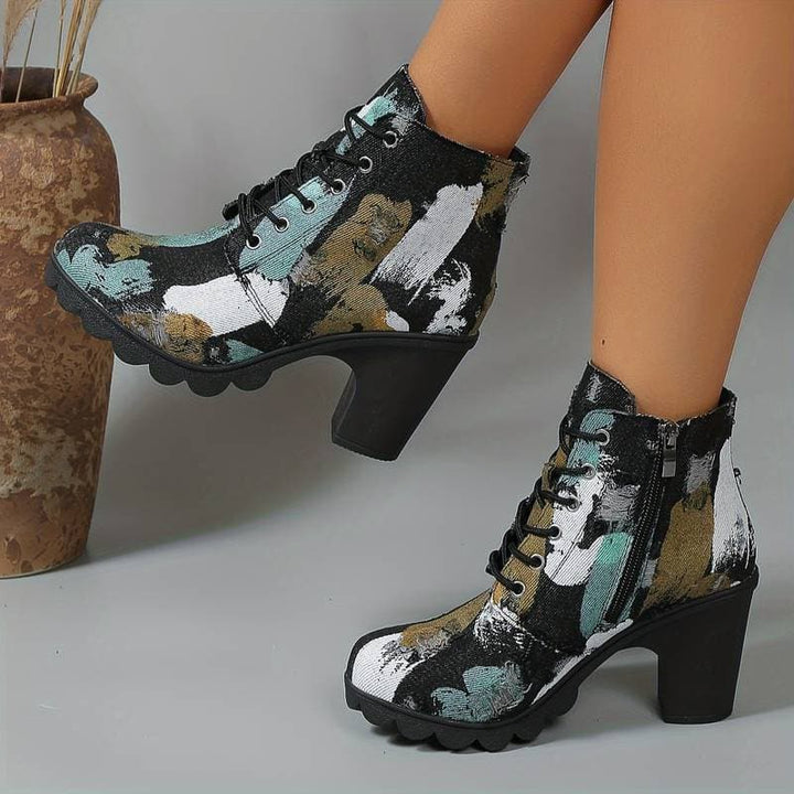 Drune | Stiefeletten Gemustertes Textil Schnürung Blockabsatz Chunky Sohle