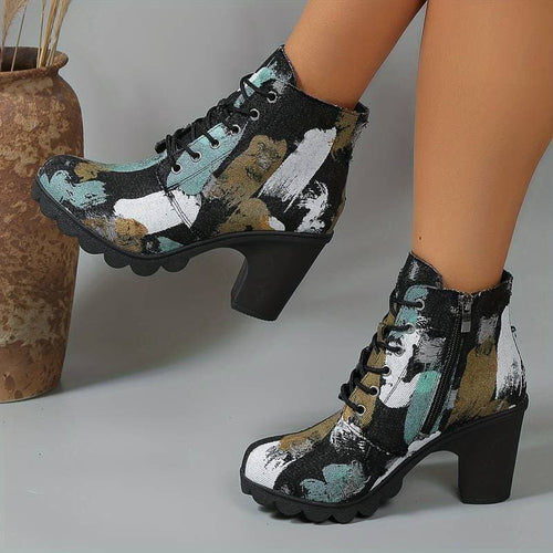 Drune | Stiefeletten Gemustertes Textil Schnürung Blockabsatz Chunky Sohle
