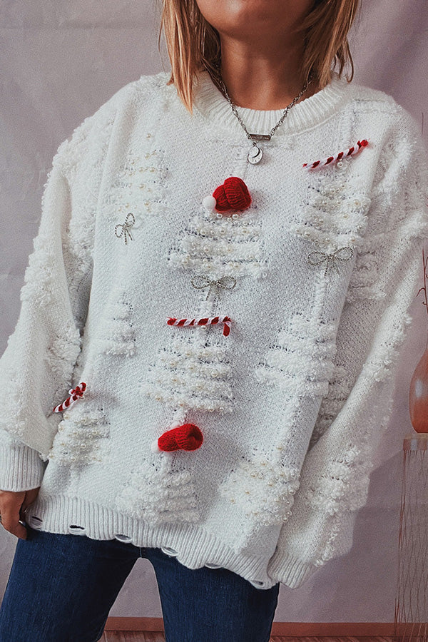 Drune | Handgemachter Perlen-Weihnachtsthema-Pullover dreidimensionaler dekorativer Pullover