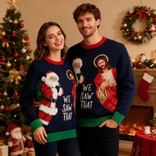 Drune | Santa & Jesus Druck Feiertag Pullover - Absichtliches Festliches Eigenart