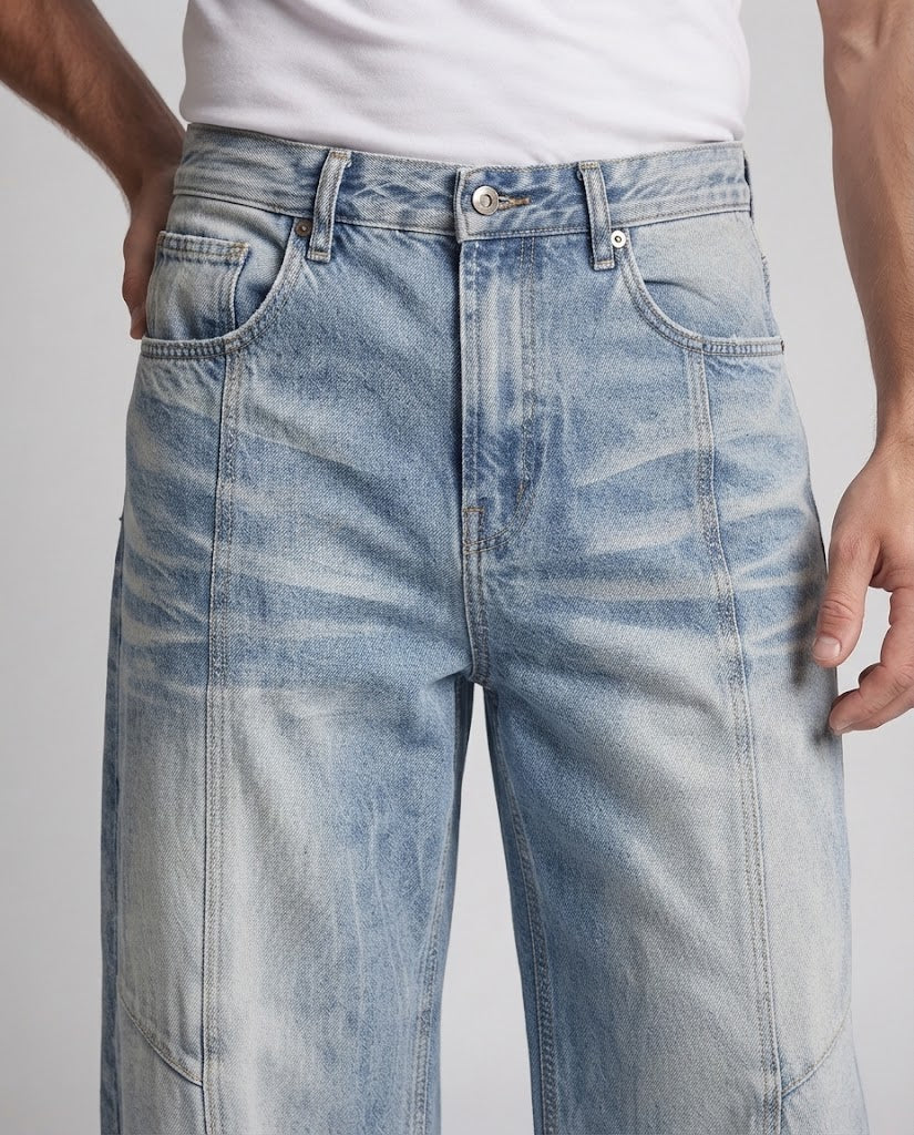 Herren Ultraweite Denim-Palazzo-Jeans mit markanter Faltenoptik und Ziernahtpaneelen Drune