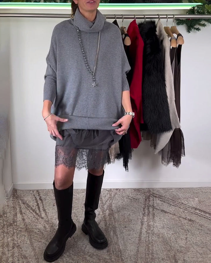 Drune | Spitze Netz Kleid Anzug Hoher Kragen Fledermausärmel