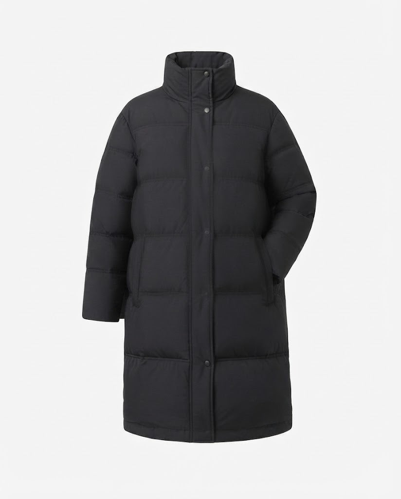 Damen langgeschnittene gesteppte Thermojacke mit Kapuze, Zwei-Wege-Reißverschluss und seitlichen Reißverschlussöffnungen