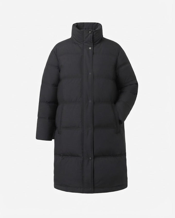 Damen langgeschnittene gesteppte Thermojacke mit Kapuze, Zwei-Wege-Reißverschluss und seitlichen Reißverschlussöffnungen