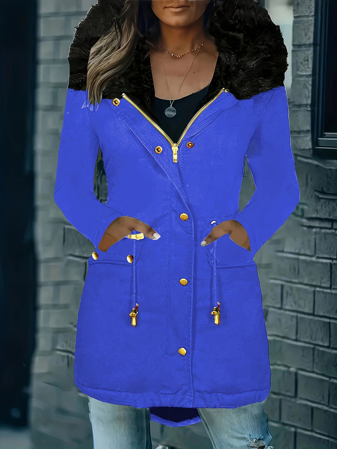 Drune | Zip up Parka Mantel mit Knöpfen Kapuze Damen Winterjacke