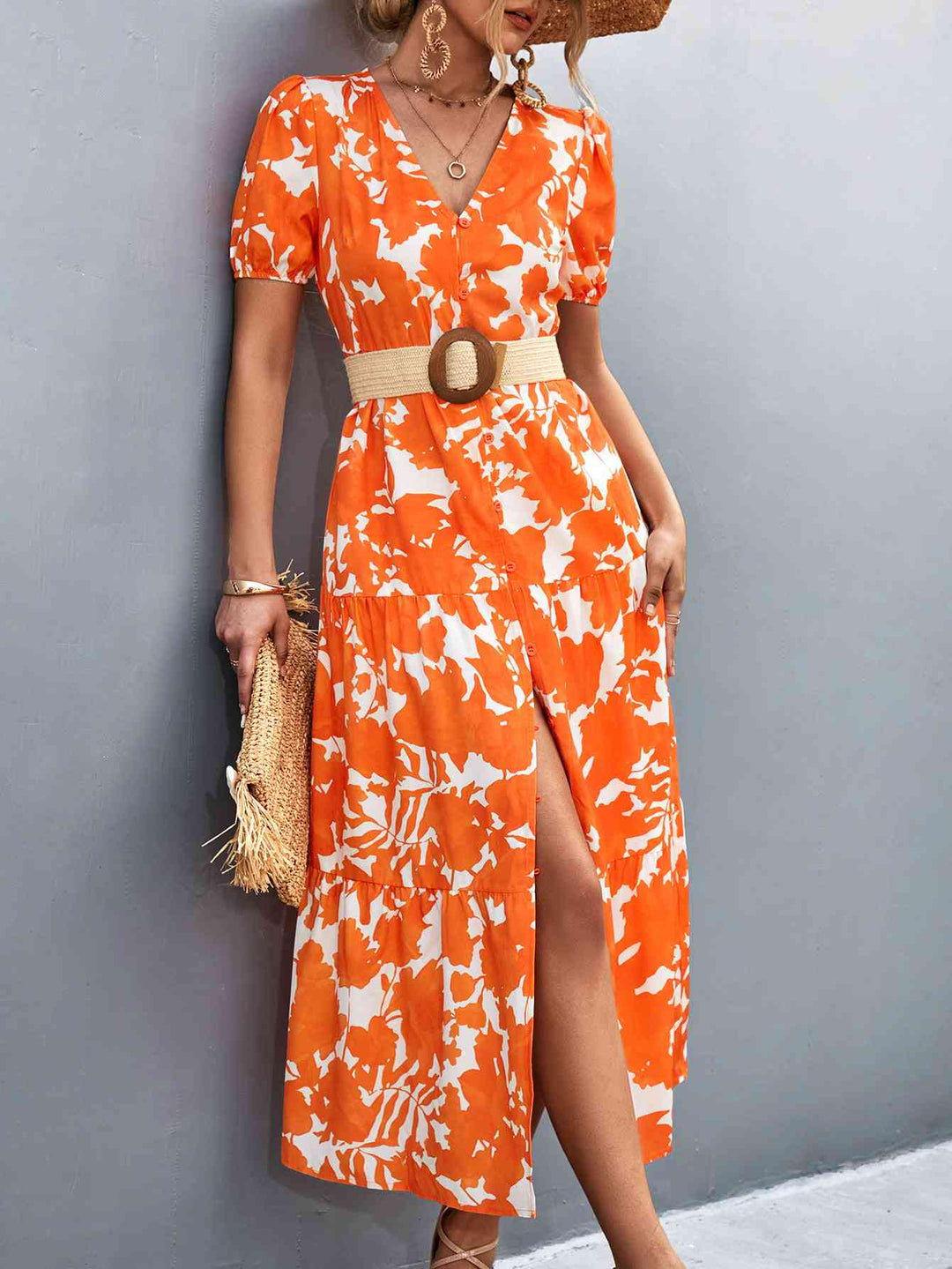 Drune | V-Ausschnitt Kurzarm Hohe Schlitz Midi Kleid