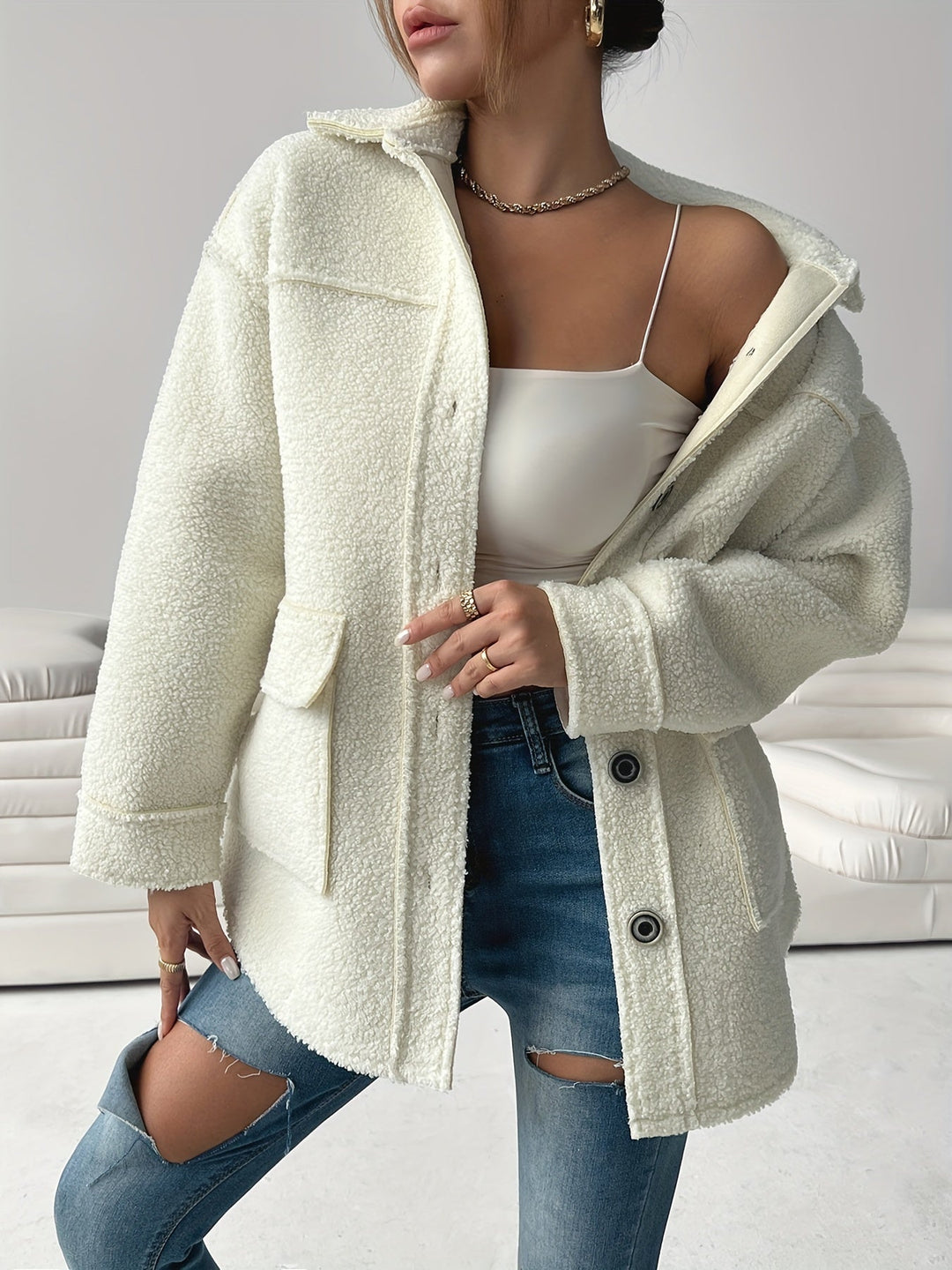 Drune | Gemütlicher Plys-jacke mit Knöpfen Polyester Komfortabel und Stilvoll