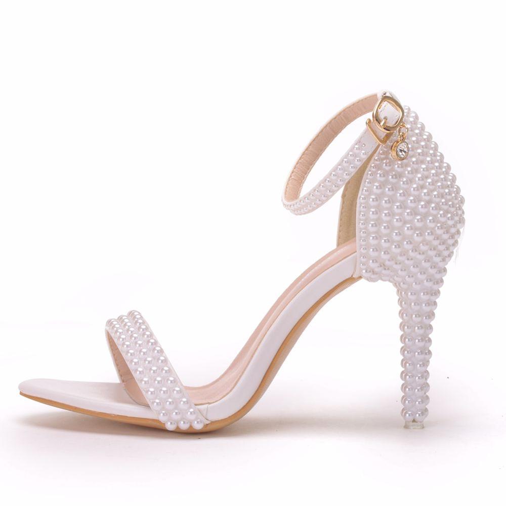 Drune | Mode Weiße Stiletto Damen mit Knöchelriemen Hochzeit Festschuhe