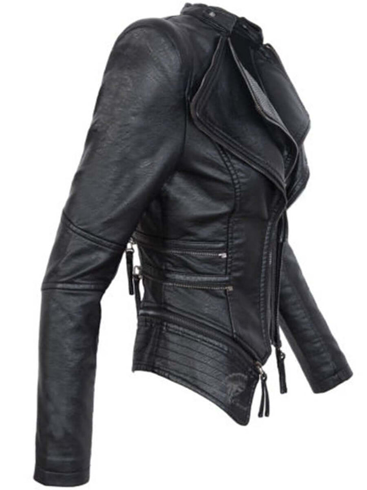 Drune | Damen Slim Fit PU-Lederjacke mit Reißverschlussnähten
