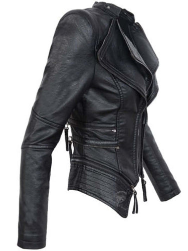 Drune | Damen Slim Fit PU-Lederjacke mit Reißverschlussnähten