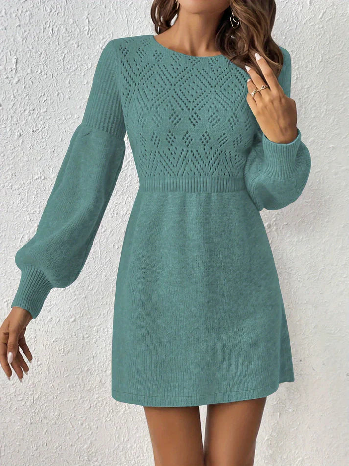 Drune | Lochstickerei Solide Farbe Strick Laternen Ärmel A-Linie Geraffte Taille Formelles Kleid Für Frauen - Ideal für formelle Anlässe