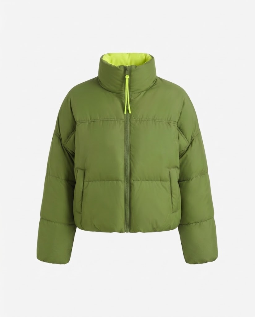Damen kurze gepolsterte boxy Pufferjacke mit zweilagigem Stehkragen und verdecktem Reißverschluss.