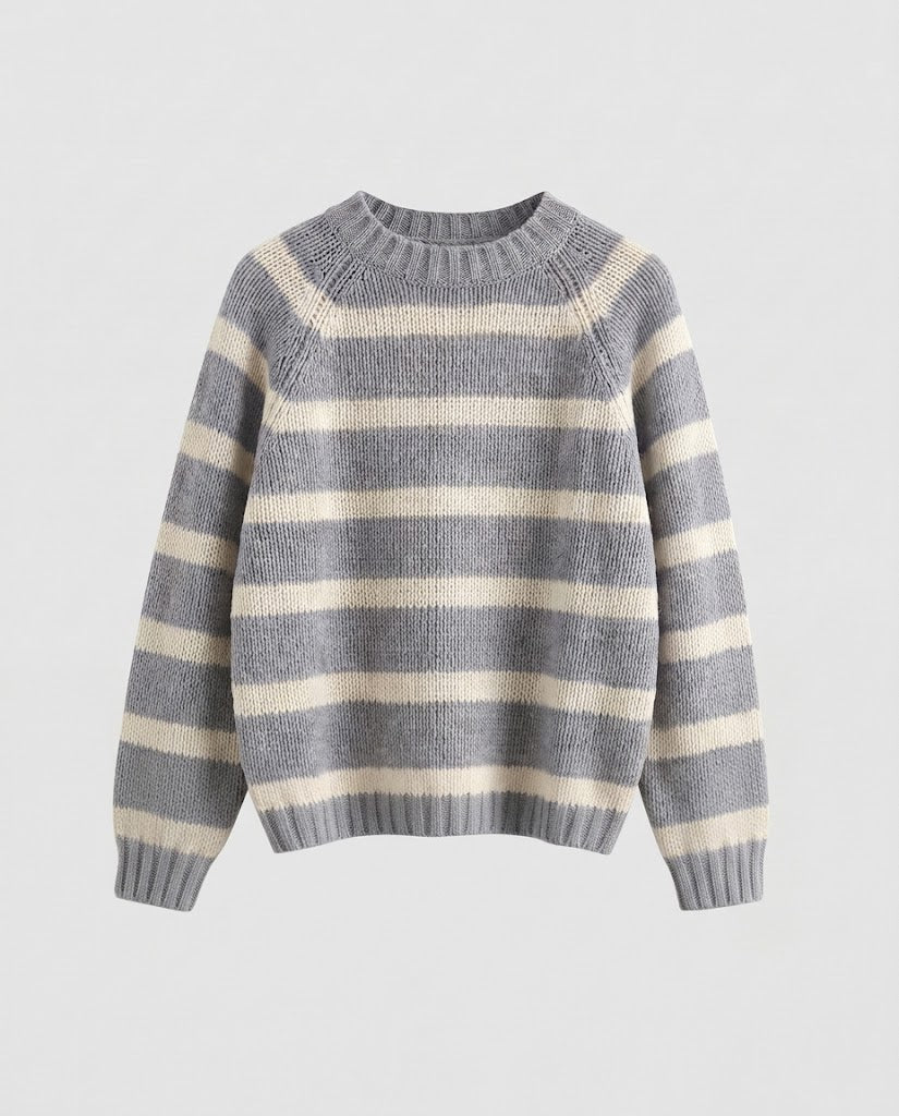 Damen Gestreifter Boxy-Strickpullover mit grober Masche und Rundhalsausschnitt Drune