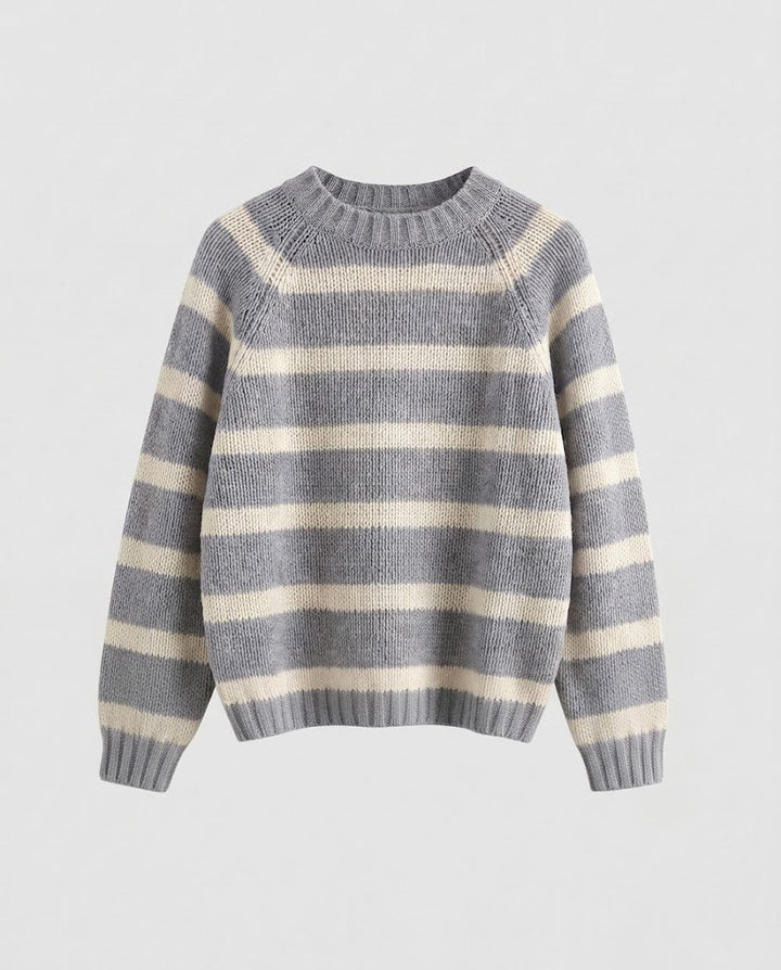 Damen Gestreifter Boxy-Strickpullover mit grober Masche und Rundhalsausschnitt Drune