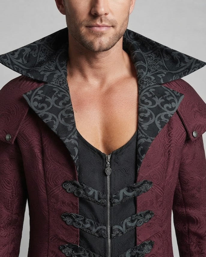 Eleganter Gothic-Mantel für Herren mit kunstvollen Verzierungen und hohem Kragen Drune