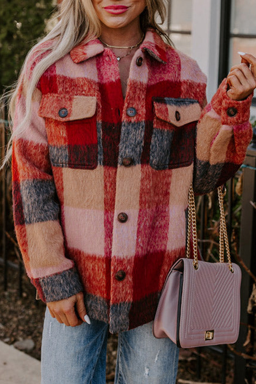 Drune | Geräumige Karierte Orange Freizeitjacke mit Pattentaschen und Knöpfen